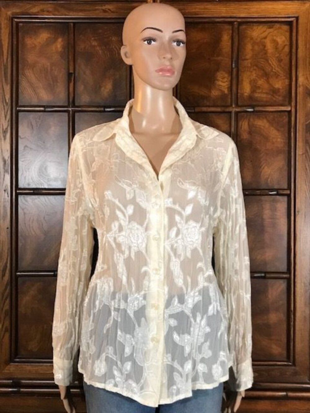 TanJay Ivory Shimmer Floral Sheer Crinkle Chiffon Button Down Shirt